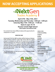 Flyer for the Nextgen Trade Academy, a Santa Rosa Non-Profit Organization supported by The LIME Foundation of Santa Rosa.