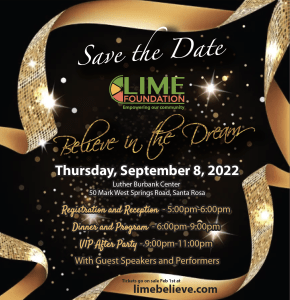 Save the date flyer for the LIME Foundation, a Sonoma County Non-Profit Organization.
