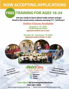 Flyer for free training for ages 12-24 provided by a Sonoma County Non-Profit Organization.