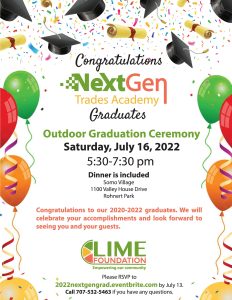 Flyer for the upcoming graduation ceremony by The LIME Foundation of Santa Rosa, a Non-Profit Organization in Sonoma County.
