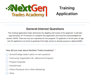 Nextgen Trades Academy's general interest application is supported by The LIME Foundation of Santa Rosa, a Santa Rosa Non-Profit dedicated to promoting education and training opportunities for local youth.