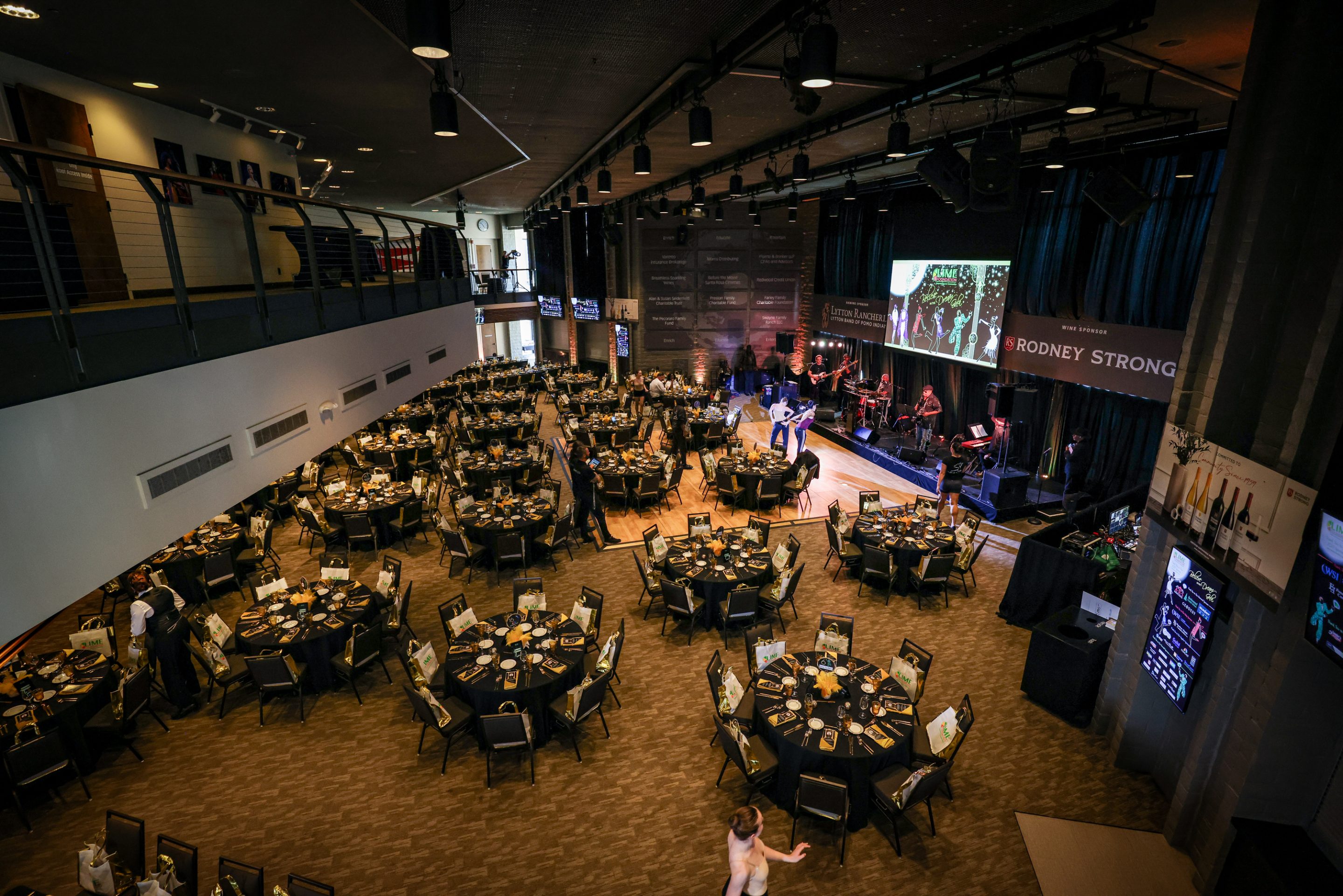 The LIME Foundation of Santa Rosa hosts events in a spacious room with tables, chairs, and a large screen.
