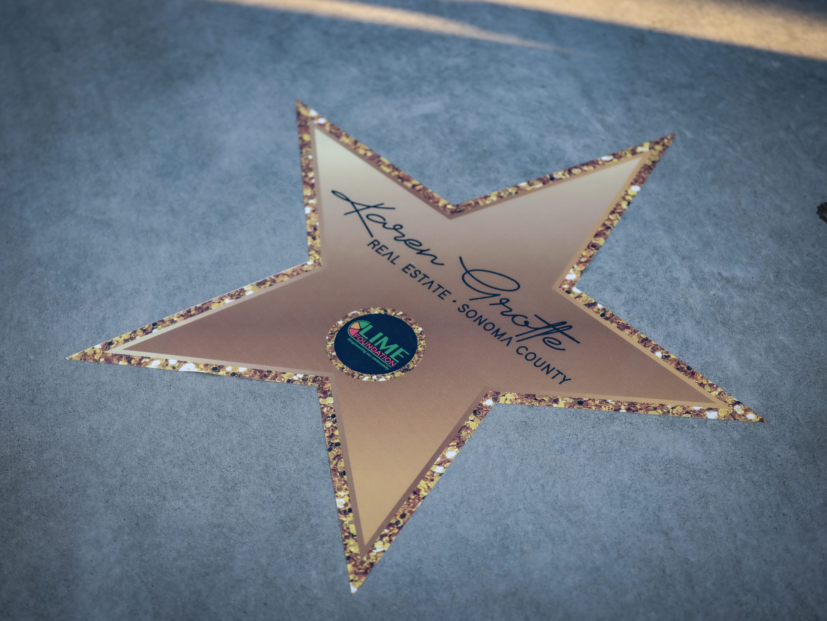 A star on the sidewalk with a name belonging to a Sonoma County Non-Profit organization.