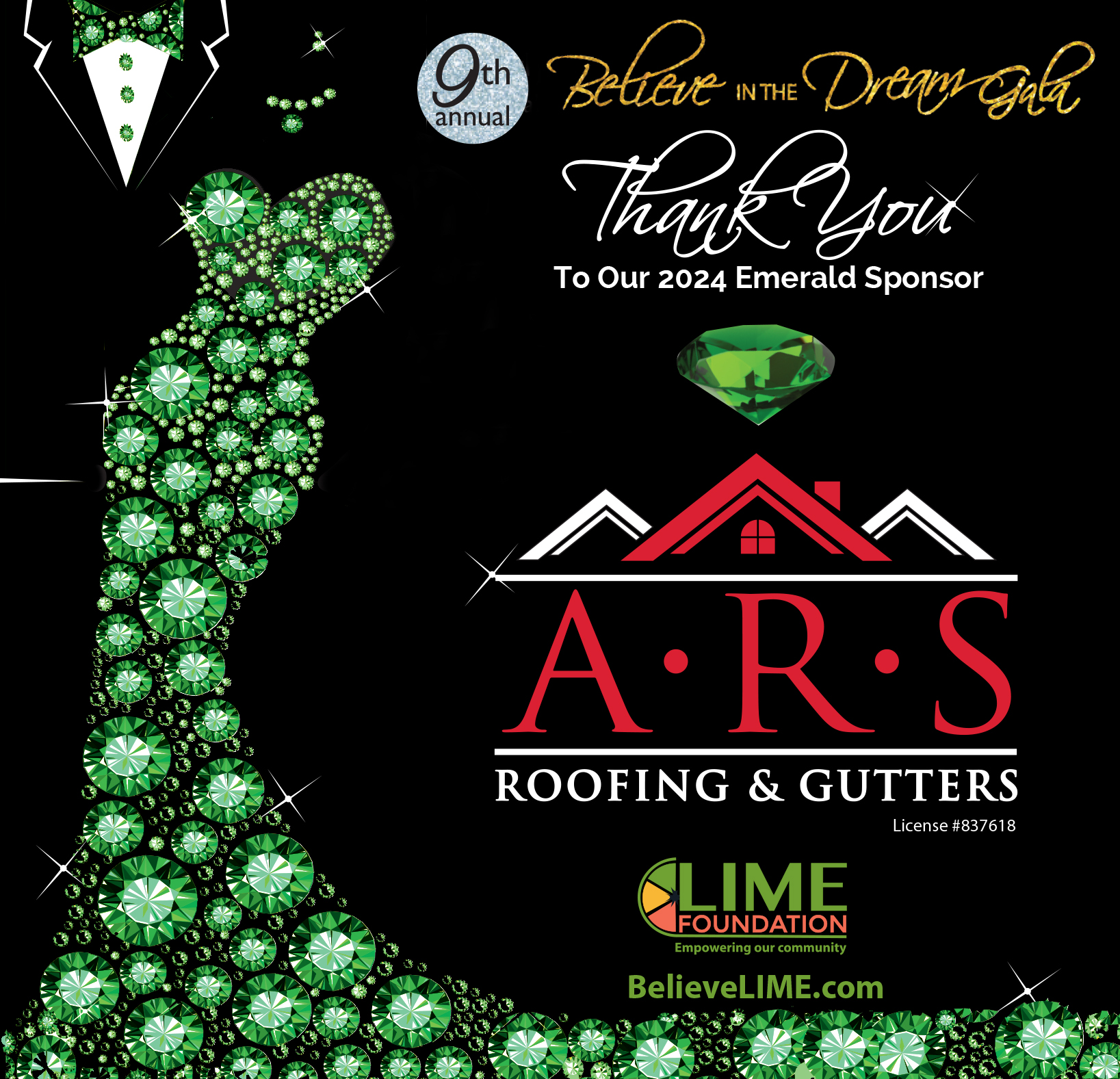 Promotional graphic for the "Believe The Dream 2024" gala event thanking the emerald sponsor, featuring an abstract green emerald design and sponsor logos.