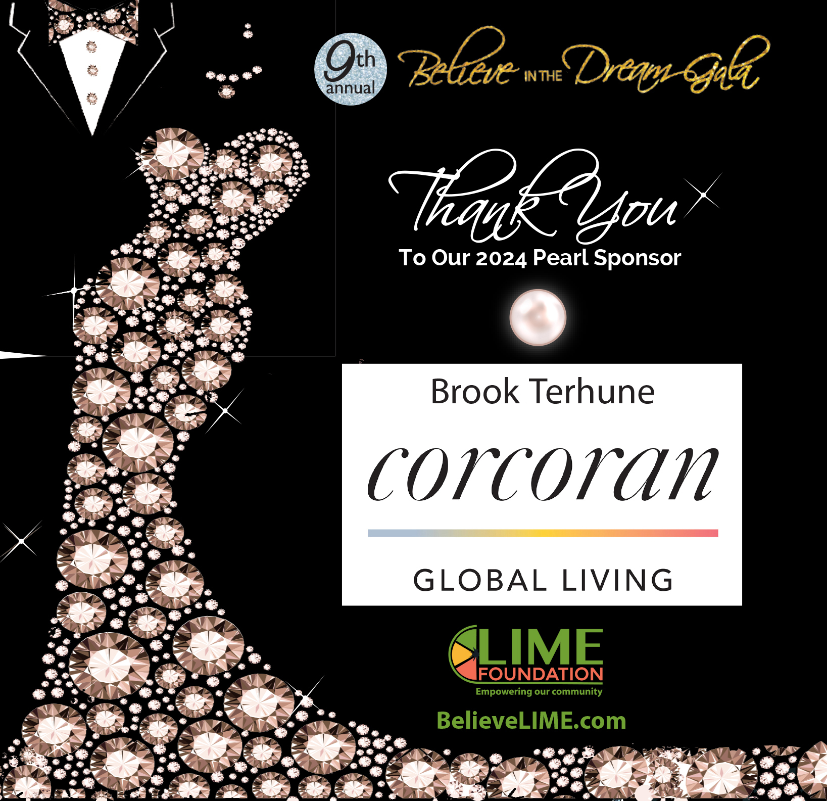 Black event flyer for the 2024 annual "Believe The Dream Gala" featuring a sparkling dress design, with sponsor names and logos, set against a dark starry background.