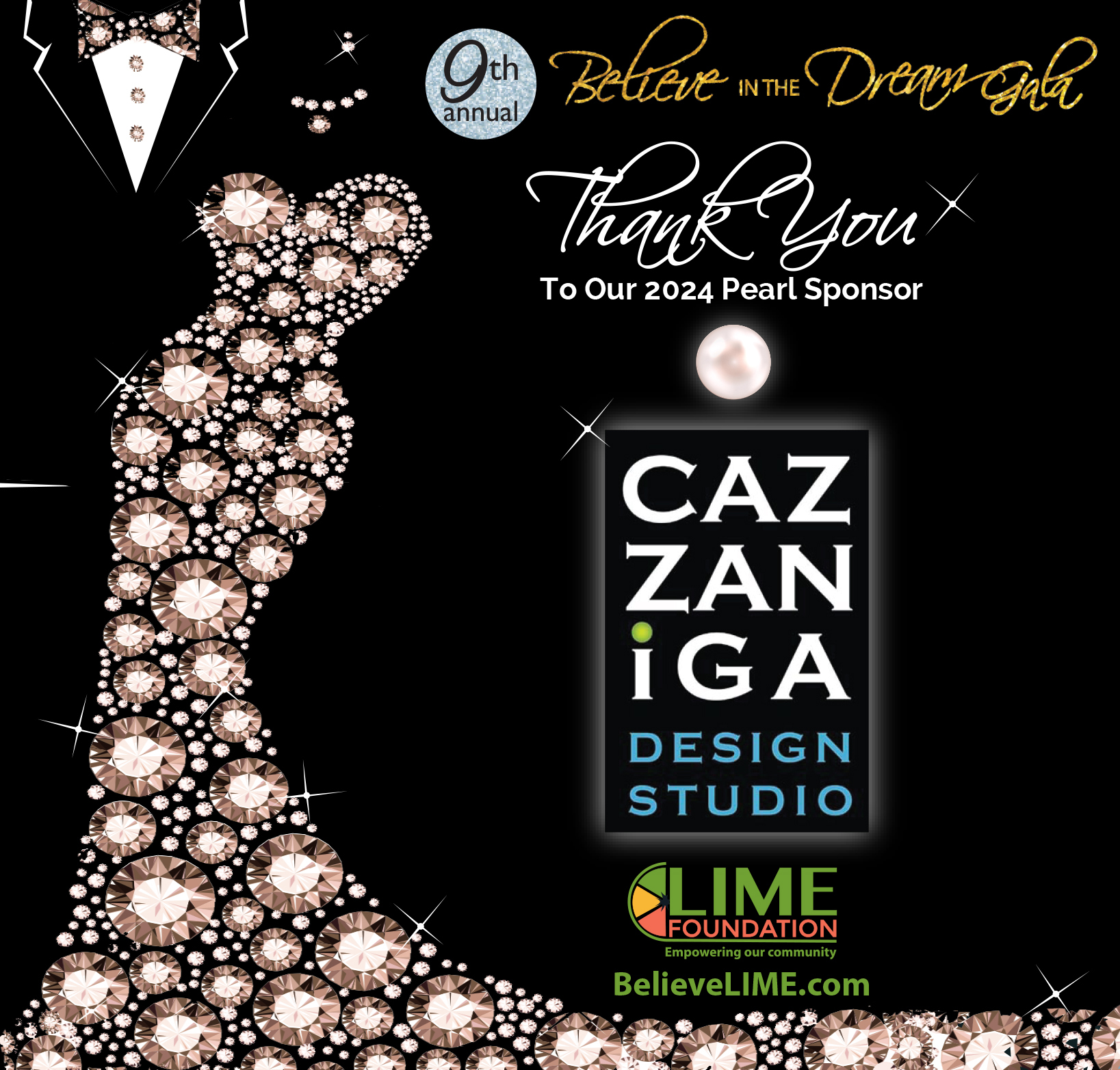 Elegant gala invitation featuring a sparkling silhouette of a woman in a gown made of diamonds, thanking "caz zaniga design studio" and "lime foundation" with logos for their support in making