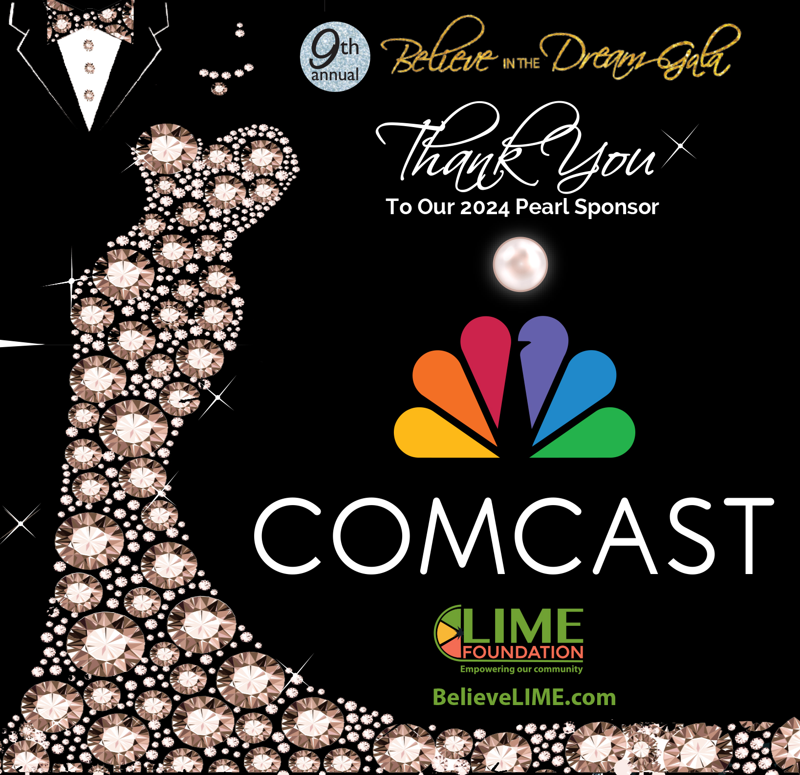 Graphic design featuring a sparkling silhouette of a woman in a gown with NBC Comcast and Lime Foundation logos, acknowledging sponsors for the "Believe The Dream 2024" gala.