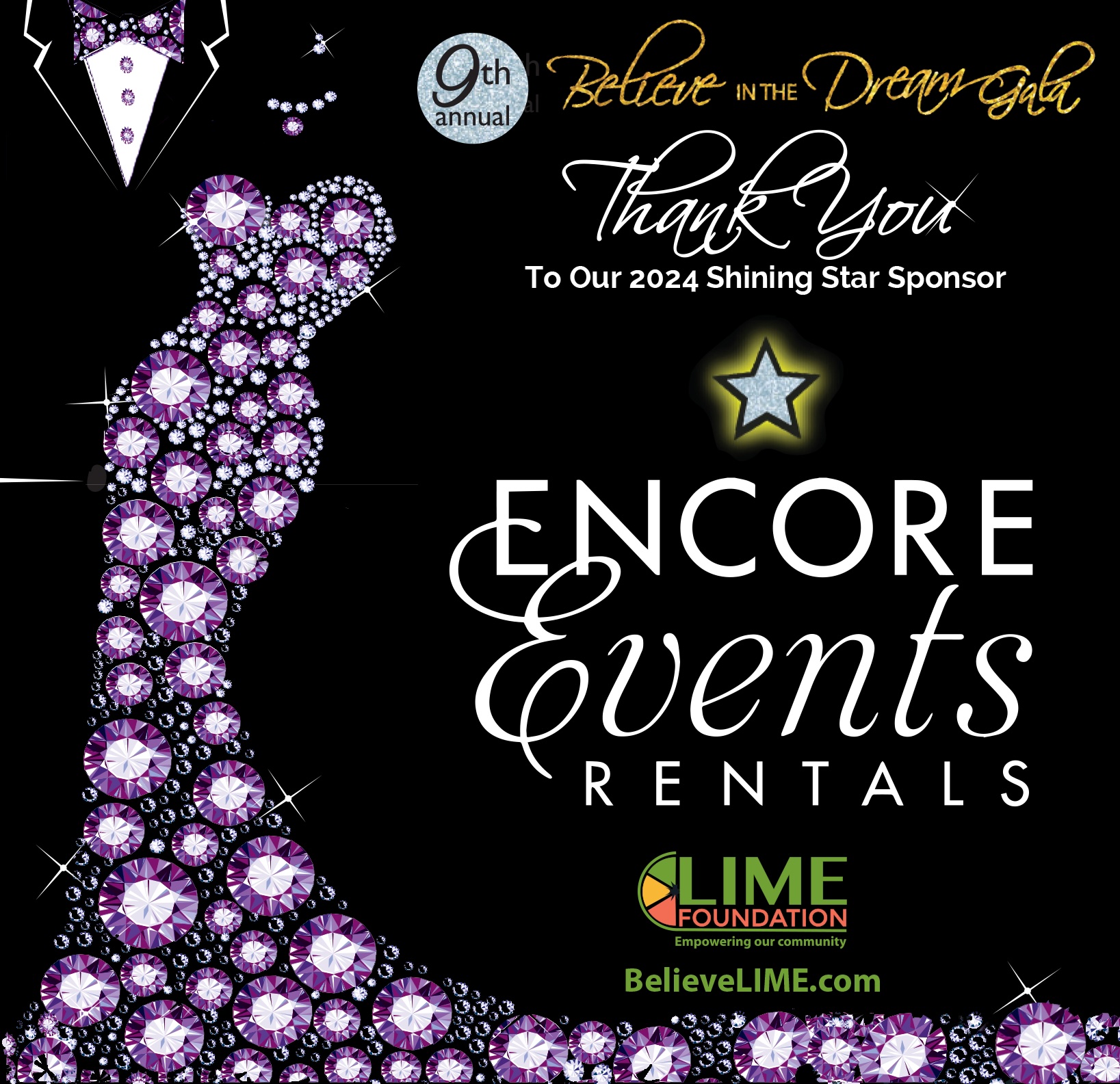 A graphic featuring a glittering high-heeled shoe, thanking sponsors for the Believe in the Dream 2024 gala, with logos for Encore Events Rentals and Lime Foundation.