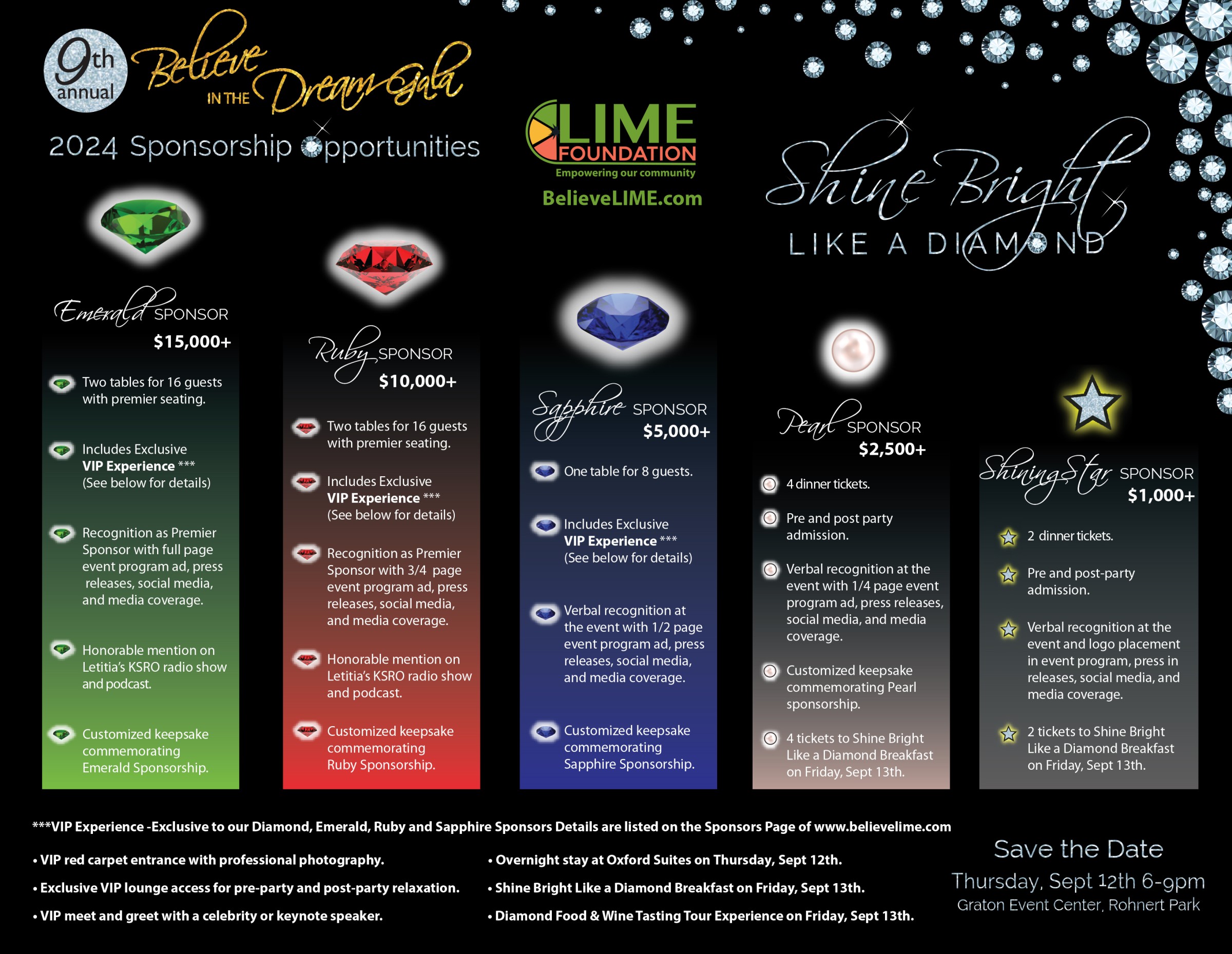 Promotional poster for the 2024 annual "Believe The Dream" gala event, featuring information on various sponsorship levels and details of the event’s offerings, using a nighttime sky theme.