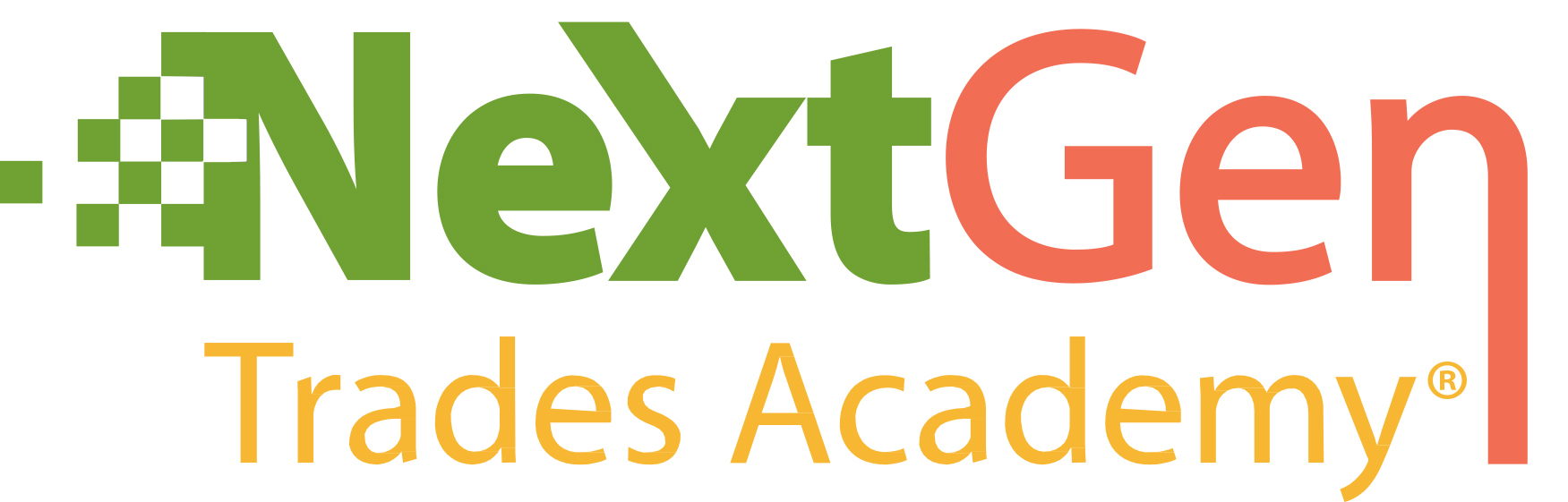 Logo of NextGen Trades Academy, featuring green and orange text with a stylized plus sign inset in green, designed to build skills for the future.