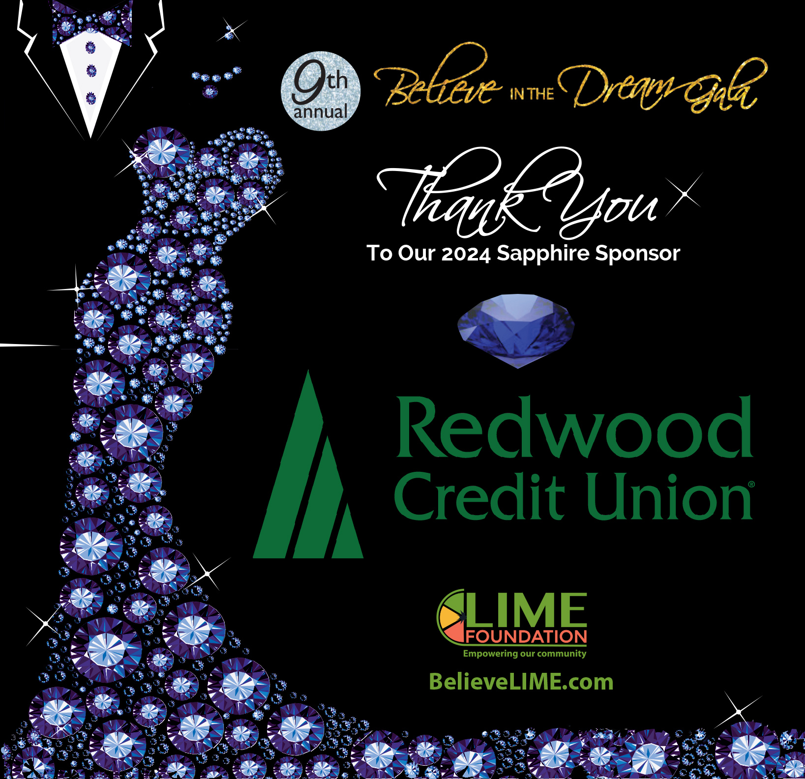 Graphic for the 9th annual Believe in the Dream Gala thanking the 2024 Sapphire sponsor, Redwood Credit Union, featuring a stylized peacock design made of sapphires.