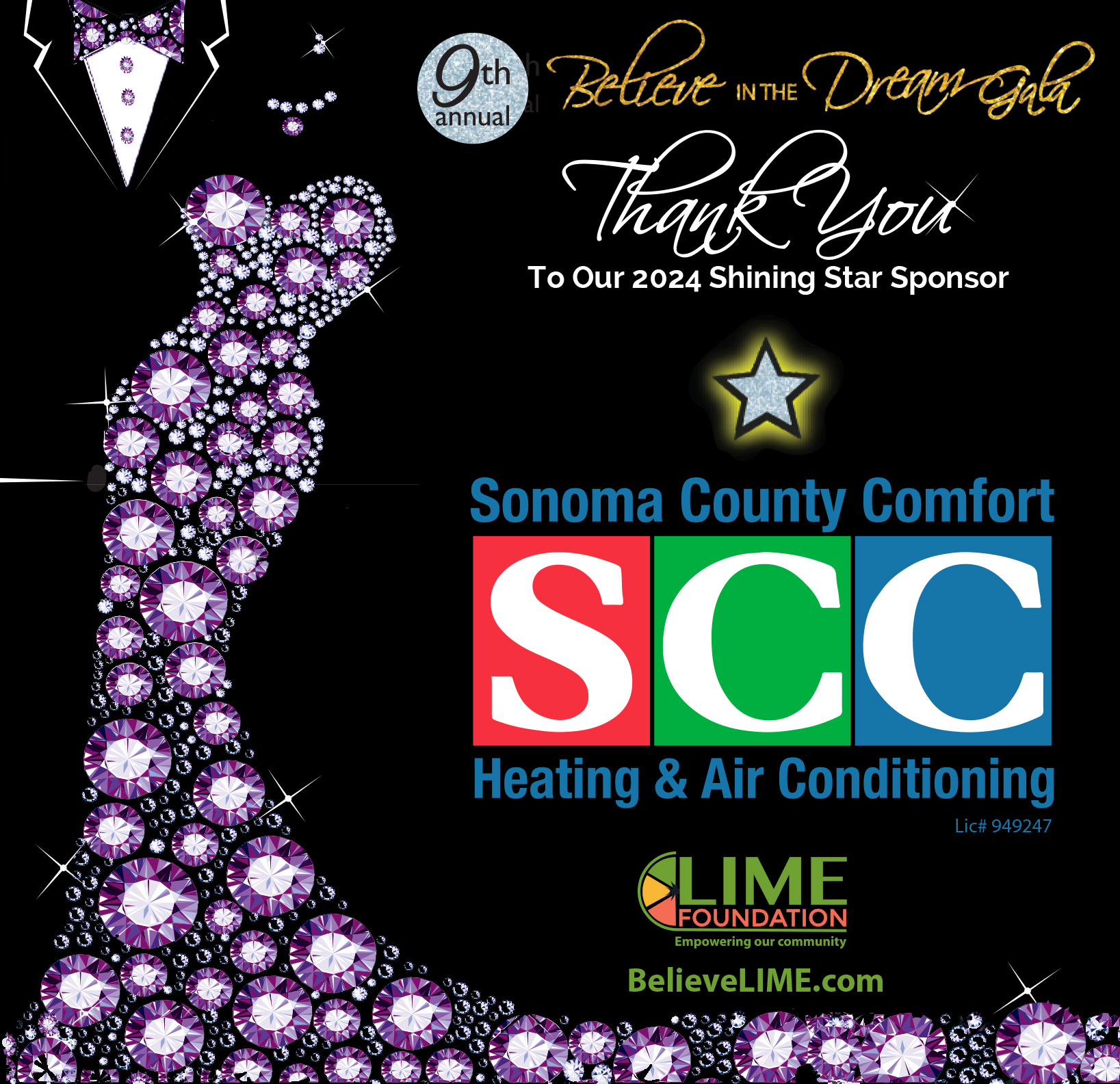 A promotional poster for the "Believe The Dream 2024" gala featuring a sparkling dress design, with logos for Sonoma County Comfort and Believe Foundation.